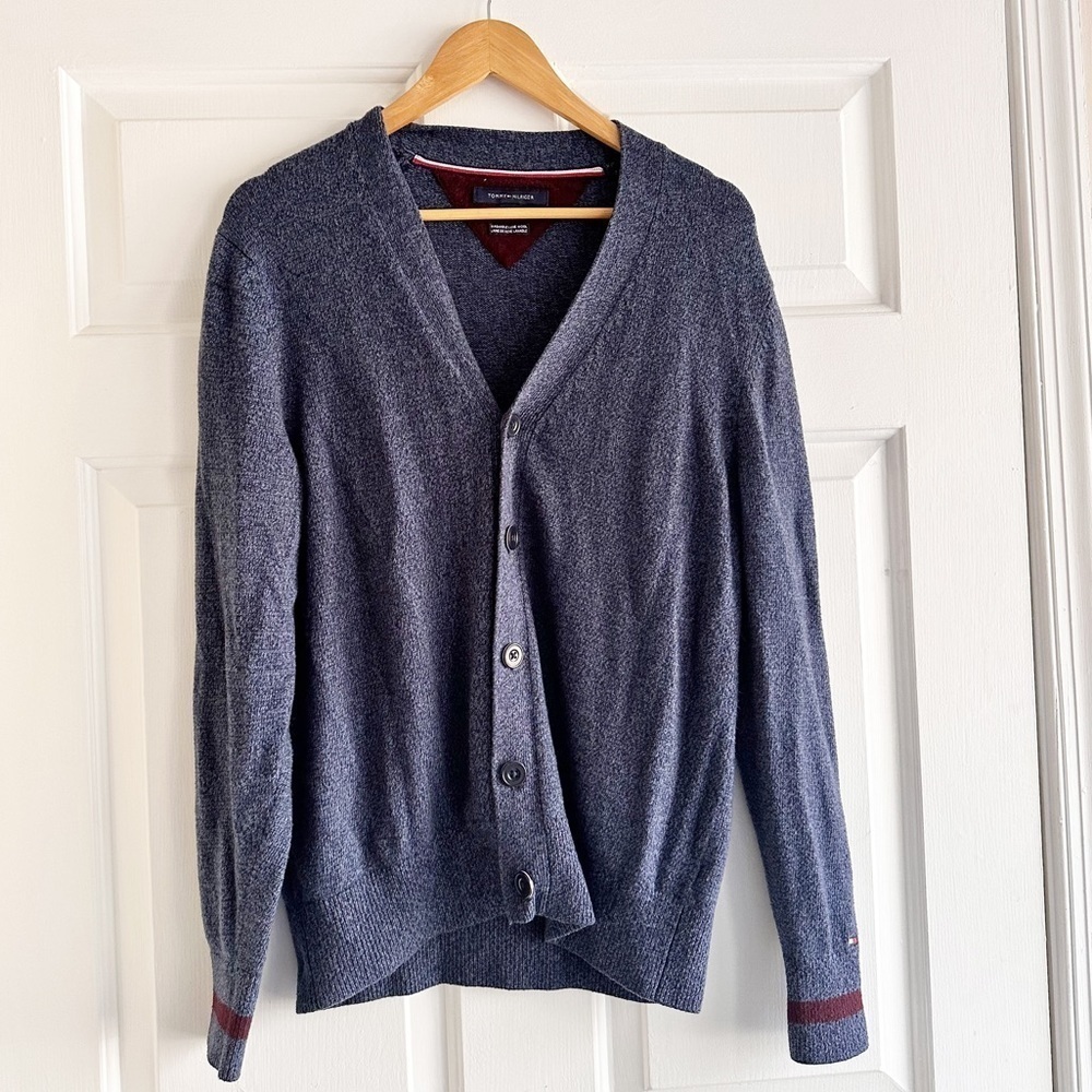 Tommy Hilfiger Mens Navy Blue Essential‎ Washable Wool Cardigan Sweater Small